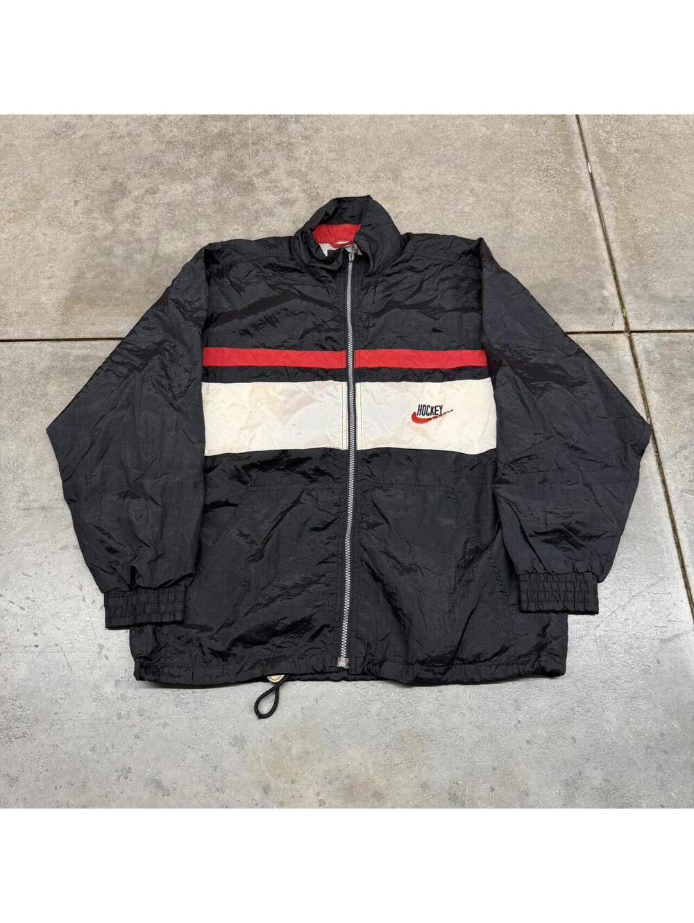 vintage hockey black and red swoosh nike windbreaker jacket large HAS STAINS